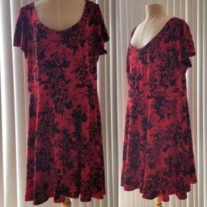 Damask Red Black Velvet Flocked Skater Dress Flare